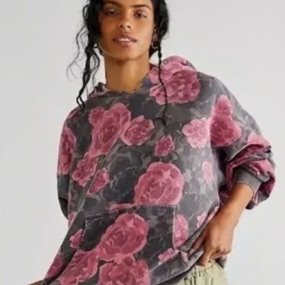 Free People We the Free Its a Vibe Hoodie Floral Rose Camo Sweatshirt Size Large